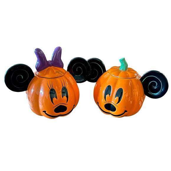 Disney Mickey + Minnie Mouse Halloween Pumpkin Cookie Jars Ceramic NEW - Picture 1 of 16
